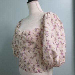 70/21 Floral Tie-Back Lantern Sleeve Top-BEIGE MULTICOLOR- L/10-NWT